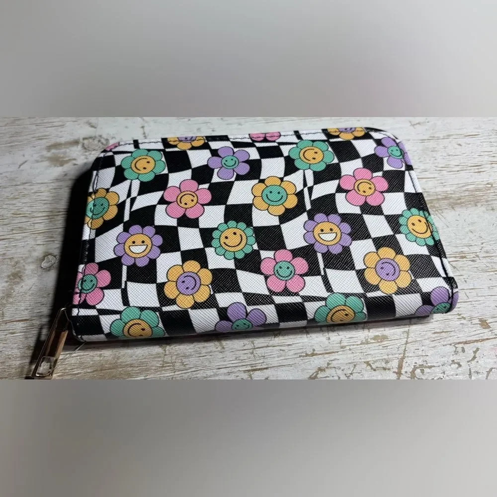 New smiley face mini wallet with a checkerboard and floral pattern NWT